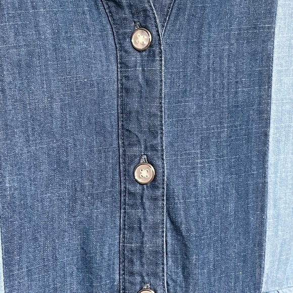 Patchwork Two-Tone Denim Smock Shirt Dress Tunic 3/4 Sleeve Flounce Hem Pockets - Picture 4 of 12